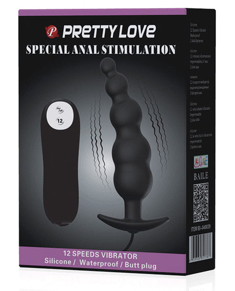 Pretty Love Vibrating Bead Shaped Butt Plug Black product packaging with 12 speeds for special anal stimulation.