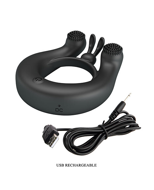 Pretty Love Vibrating Penis Ring Dahlia with dual motors and USB rechargeable cable.