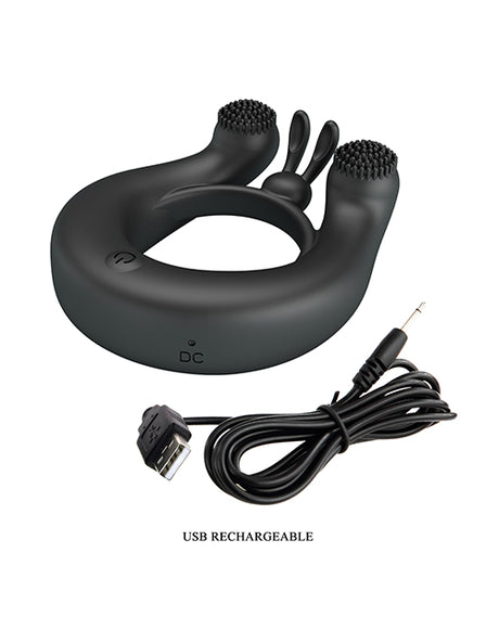 Pretty Love Vibrating Penis Ring Dahlia with dual motors and USB rechargeable cable.