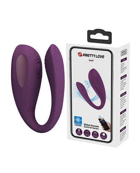 Pretty Love Aari Thumping Dual Vibrator Purple next to its packaging, showcasing its design and features.