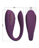 Pretty Love Aari Thumping Dual Vibrator Purple side and front view with dimensions.