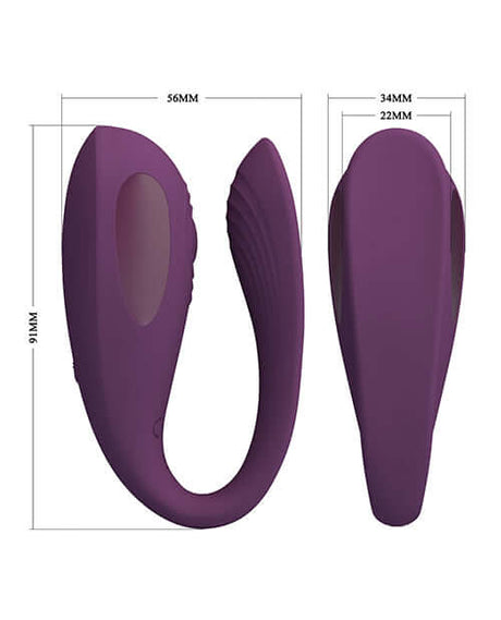 Pretty Love Aari Thumping Dual Vibrator Purple side and front view with dimensions.