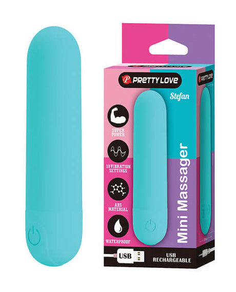 Pretty Love Stefan Mini Massager Bullet Aqua packaging and product, featuring a vibrant aqua color and USB charging.
