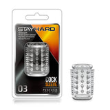 Blush Stay Hard Cock Sleeve 03 Clear in packaging, showcasing stretchy enhancement with texture for added pleasure.