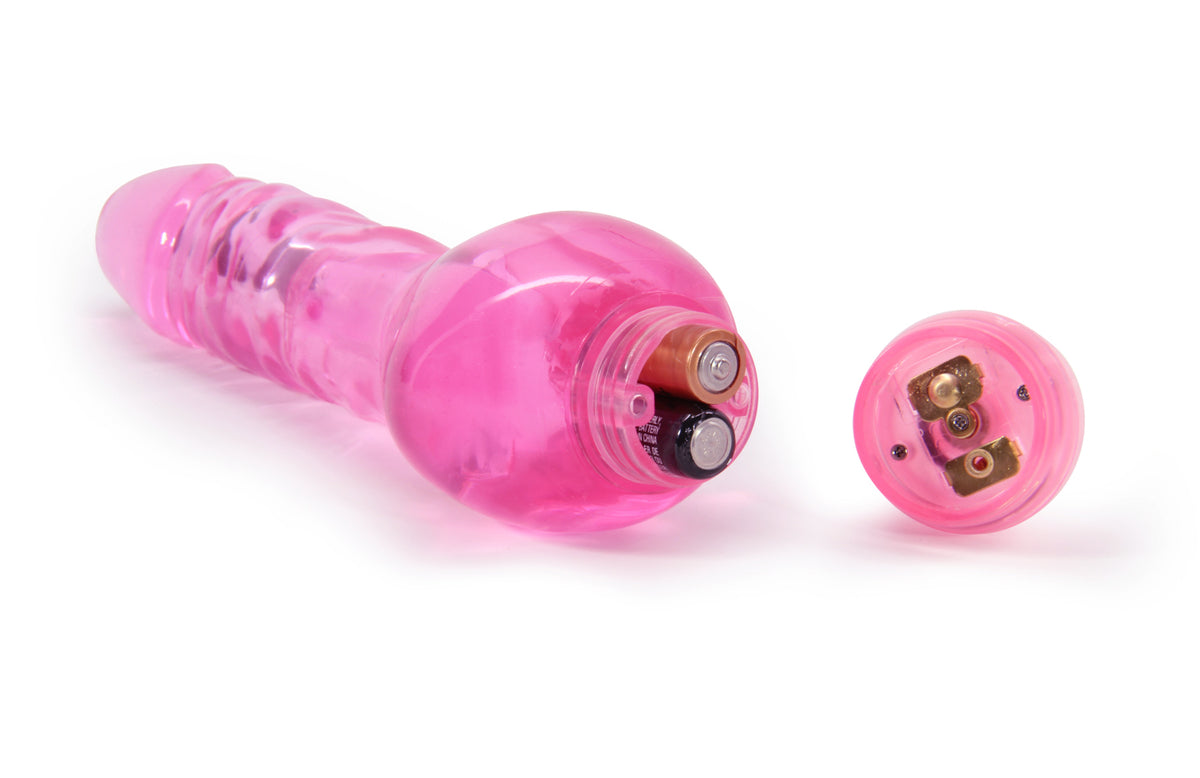 Naturally Yours Mr Right Now 6.5 Inch Vibrator Pink with battery compartment, showing multispeed vibration settings.