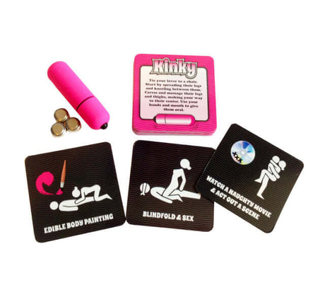 Ball and Chain Kinky Vibrations Adult Game contents including cards and mini bullet.