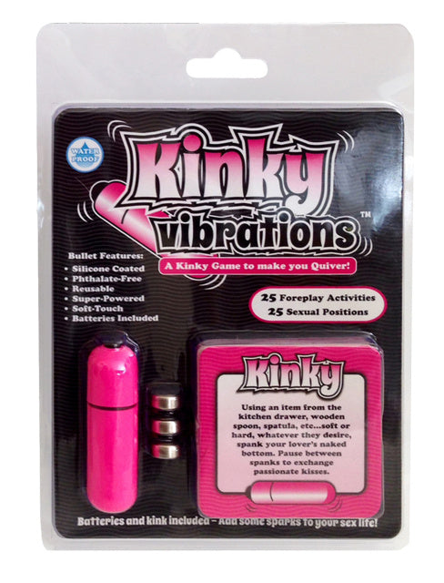 Ball and Chain Kinky Vibrations Adult Game packaging featuring a pink bullet and game cards with foreplay activities.