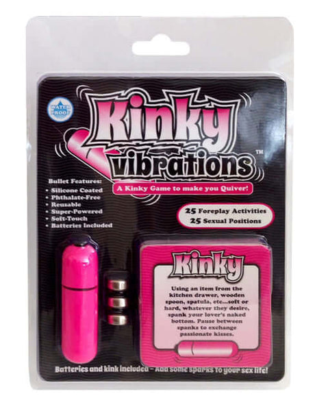 Ball and Chain Kinky Vibrations Adult Game packaging featuring a pink bullet and game cards with foreplay activities.