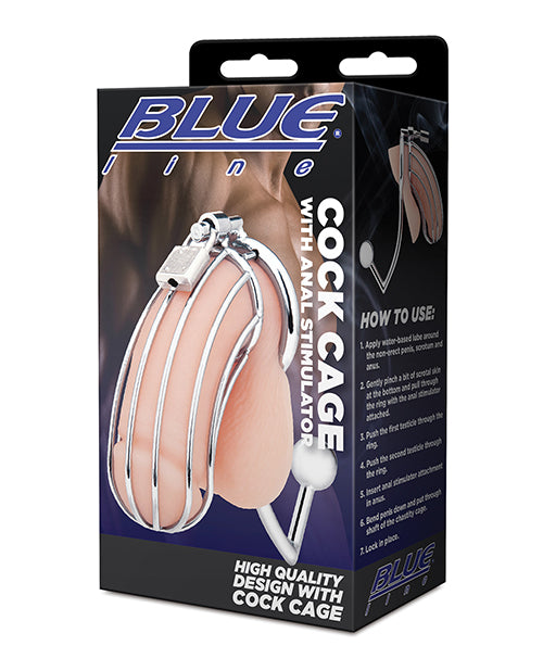 Blue Line Cock Cage with Anal Stimulator Silver product packaging showcasing high-quality design and features.