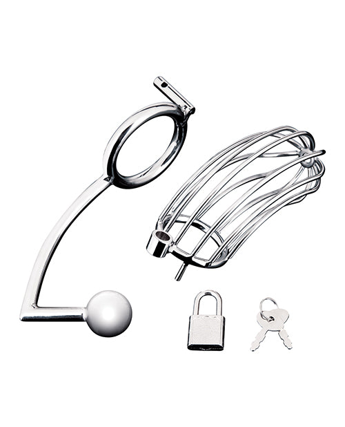 Blue Line Cock Cage with Anal Stimulator Silver, featuring stainless steel design, locking mechanism, and internal pleasure bulb.