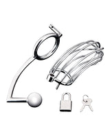 Blue Line Cock Cage with Anal Stimulator Silver, featuring stainless steel design, locking mechanism, and internal pleasure bulb.