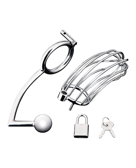 Blue Line Cock Cage with Anal Stimulator Silver, featuring stainless steel design, locking mechanism, and internal pleasure bulb.