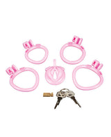 Bitchboy Degrading Mini Chastity Cage Pussy Shape parts including cage, rings, and keys.