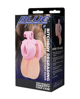 Bitchboy Degrading Mini Chastity Cage Pussy Shape packaging with instructions and features displayed.