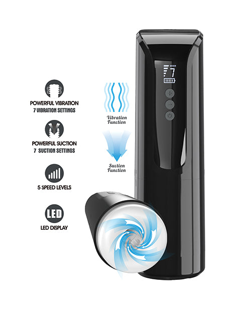 Pretty Love Automatic Masturbator Larissa showcasing its features including 7 suction and vibration settings with LED display.