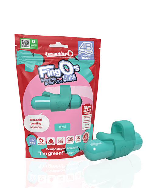 Screaming O 4B FingO Slim Finger Vibrator Kiwi in green packaging with bullet vibe design.