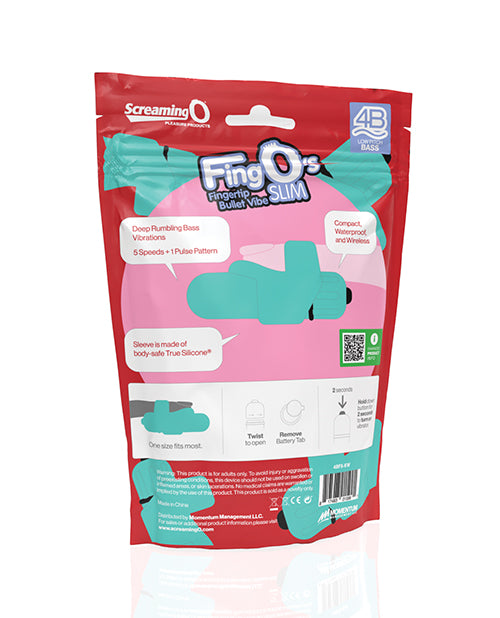 Screaming O 4B FingO Slim Finger Vibrator Kiwi packaging showcasing features and design.