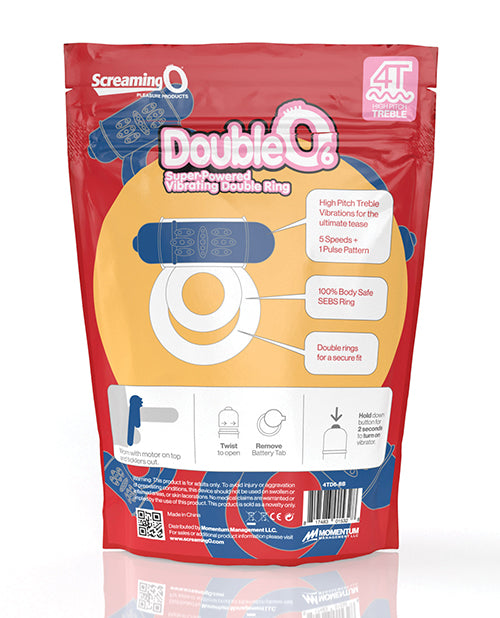 Screaming O 4T DoubleO 6 Vibrating Cock Ring Blueberry packaging with details and features highlighted.