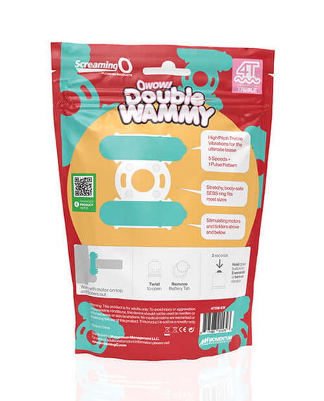 Screaming O 4T Double Wammy Vibrating Cock Ring Kiwi package showcasing tickle-and-tease design and features.