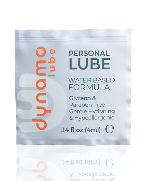 Dynamo Lube Water Based Formula Foil single-use packet with glycerin and paraben-free formula.