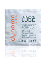 Dynamo Lube Water Based Formula Foil single-use packet with glycerin and paraben-free formula.