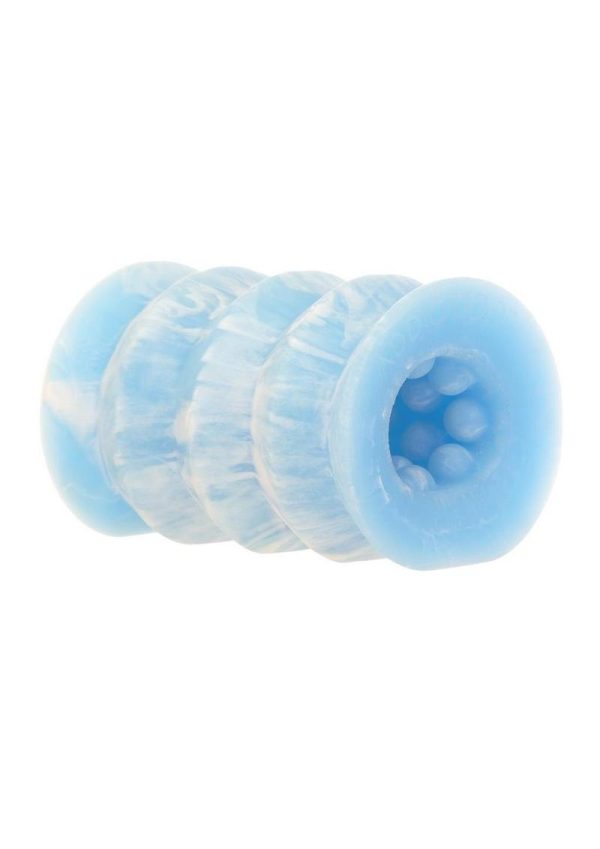 Addiction Silicone Stroker Glow In The Dark, blue silicone stroker with textured interior for enhanced pleasure.