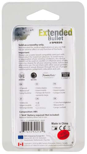Power Bullet Breeze 3.5 Inch Bullet Vibrator Black packaging back with product details and instructions.