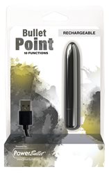 PowerBullet Bullet Point 4 Inch Bullet Vibrator Black packaging showing the product and its USB charging feature.