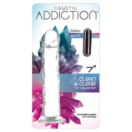 Crystal Addiction 7 Inch Straight Dong Suction Cup packaging with bonus item, showcasing clear design and features.