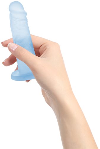 Addiction Cocktails 5.5 Inch Silicone Dong Blue Lagoon held in hand, showcasing its smooth design and vibrant ocean-blue color.