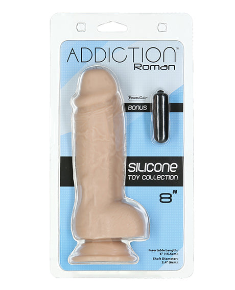 Addiction 8 Inch Roman Silicone Dildo Beige packaging, featuring realistic design and bonus accessory.