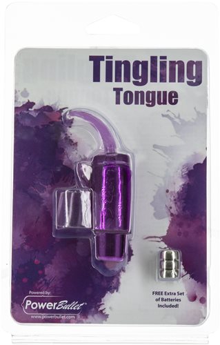 Tingling Tongue Purple Waterproof Finger Vibrator packaging with extra batteries, designed for intimate stimulation.