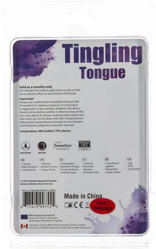 Tingling Tongue Purple Waterproof Finger Vibrator product packaging showing safety and usage information.
