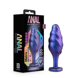 Anal Adventures Matrix Bumped Bling Plug Sapphire in purple silicone packaging for anal exploration.