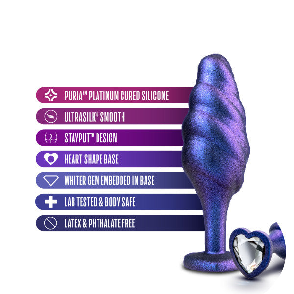 Anal Adventures Matrix Bumped Bling Plug Sapphire features smooth silicone, heart base, and gem for anal exploration.