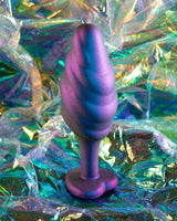 Anal Adventures Matrix Bumped Bling Plug Sapphire with iridescent background showcasing its unique design and texture.