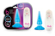 B Yours Anal Pleaser Vibrating Butt Plug Blue in packaging with waterproof and multispeed features identified.