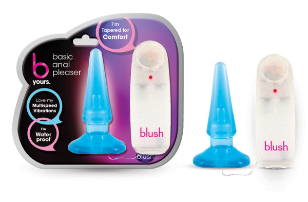 B Yours Anal Pleaser Vibrating Butt Plug Blue in packaging with waterproof and multispeed features identified.