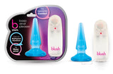 B Yours Anal Pleaser Vibrating Butt Plug Blue in packaging with waterproof and multispeed features identified.