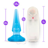 B Yours Anal Pleaser Vibrating Butt Plug Blue with dimensions for beginners and anal stimulation.