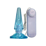 B Yours Anal Pleaser Vibrating Butt Plug Blue with smooth tapered shape and remote controller for enhanced pleasure.