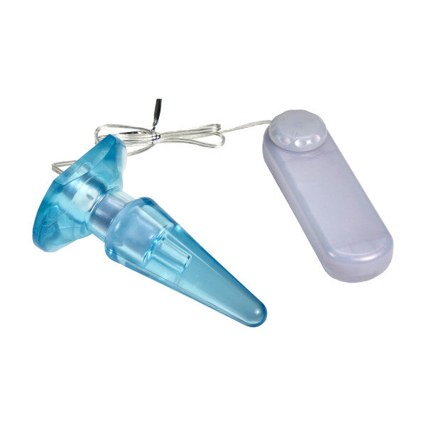 B Yours Anal Pleaser Vibrating Butt Plug Blue with controller for enhanced anal stimulation.