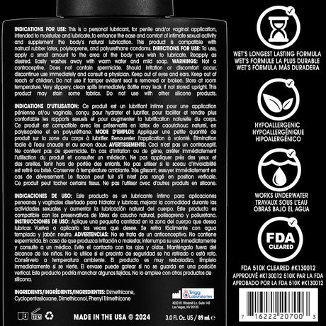Wet Platinum Luxury Silicone Lubricant 3.1 Oz product label with usage instructions and ingredients information.