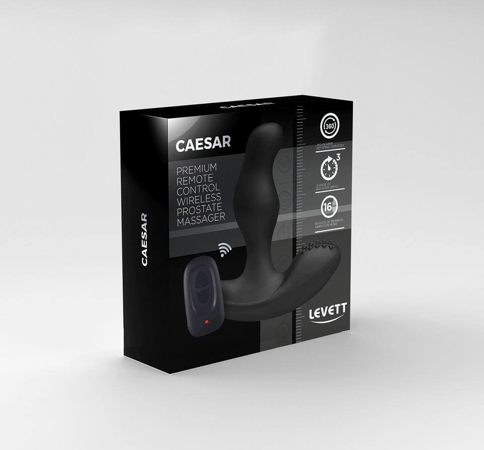 Levett Caesar Premium Silicone Prostate Massager Black boxed with remote control features.