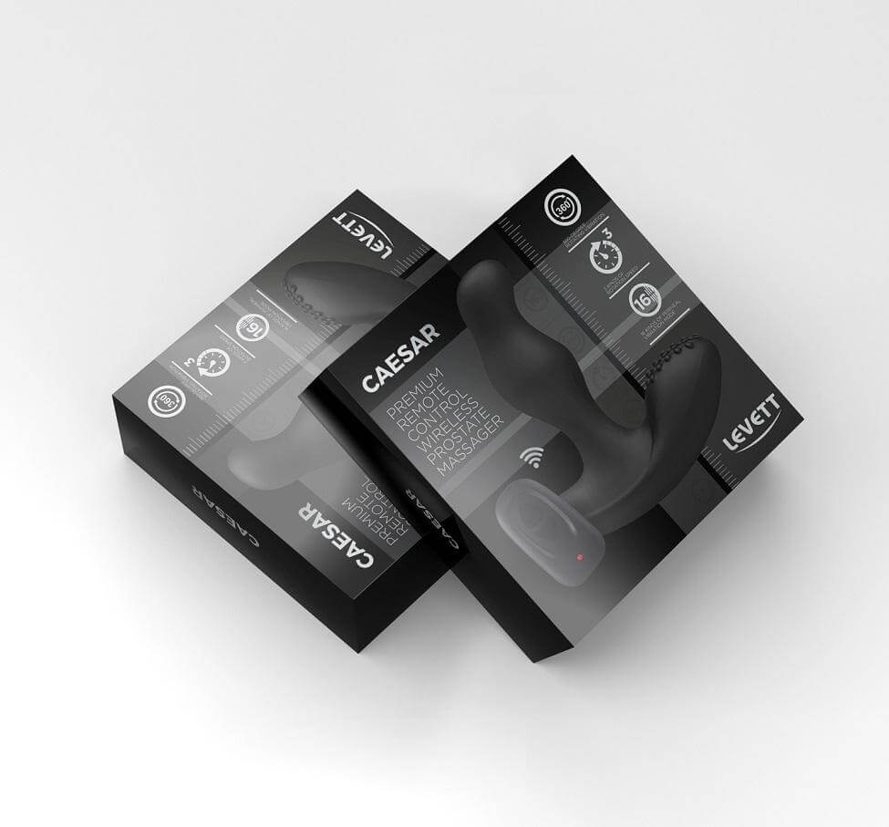 Levett Caesar Premium Silicone Prostate Massager Black packaging showing advanced features for intimate pleasure.