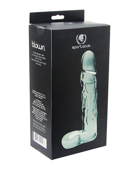 Spartacus Blown Large Realistic Glass Dildo Clear packaging showcasing its unique design and quality craftsmanship.