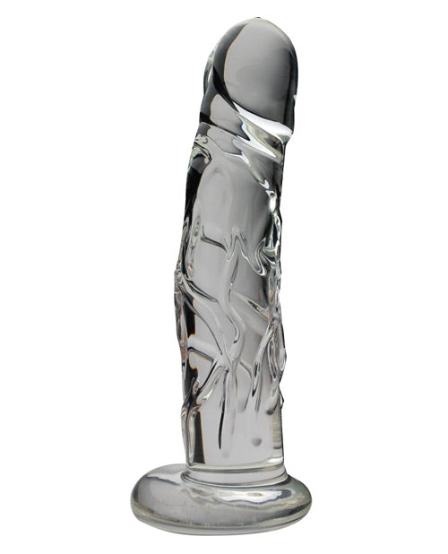Spartacus Blown Realistic Glass Dildo Medium Clear displayed with realistic veiny design and sturdy base.