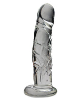 Spartacus Blown Realistic Glass Dildo Medium Clear displayed with realistic veiny design and sturdy base.
