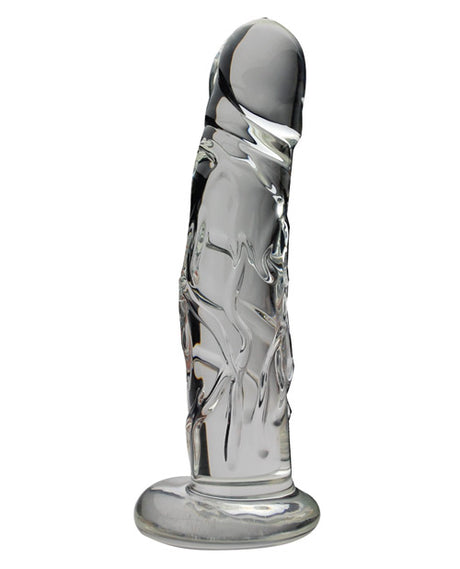 Spartacus Blown Realistic Glass Dildo Medium Clear displayed with realistic veiny design and sturdy base.