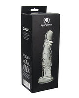 Spartacus Blown Realistic Glass Dildo Medium Clear packaging with detailed phallic design and sturdy base.